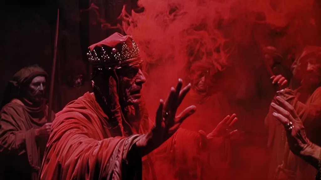 A man in a red robe and a crown stands in a dimly lit room filled with red smoke and other people. The man's face is visible, with a look of intensity. He is gesturing with his right hand as if he is leading a group of people in a ritual or ceremony.  The atmosphere is mysterious and somewhat eerie.