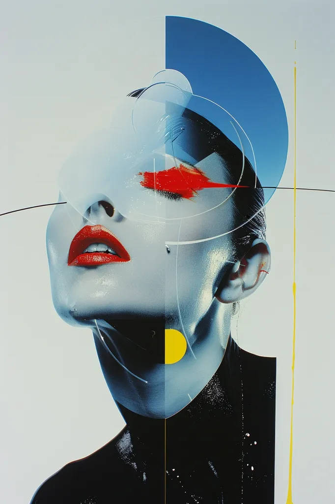 The image is an abstract portrait of a woman with bold red lips and a red line across her eye. The background features geometric shapes in blue, yellow, and white. The woman's face is obscured by translucent shapes and lines, creating a layered and fragmented effect. The overall style is modern and edgy.