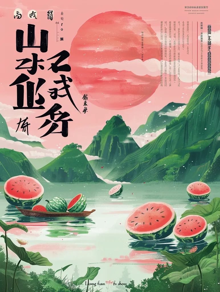 The image depicts a picturesque scene of a lake surrounded by lush green mountains. The sky is painted in vibrant pink hues, with a large, round cloud taking up the majority of the upper portion. A boat with three watermelon slices floats on the tranquil lake, amidst other scattered watermelon pieces. Lush green leaves of water lilies, visible at the bottom, add to the natural beauty of the setting.  A large piece of text, written in Chinese characters, occupies the upper left corner.  The words "Long fan fo shou" are visible at the bottom.