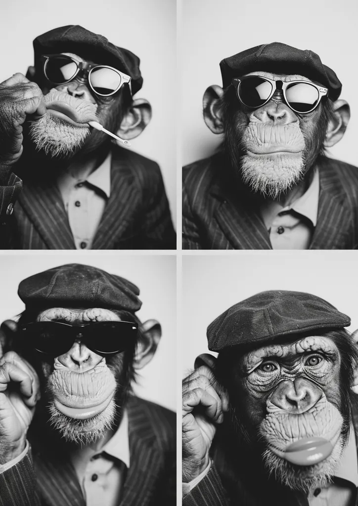 The image is a black and white portrait of a chimpanzee dressed in a suit and hat, wearing sunglasses. It is split into four identical images, with the chimpanzee looking directly at the camera in each. The chimpanzee has a serious expression and its facial features are accentuated by the black and white tones of the photo. The image creates a humorous and intriguing juxtaposition of human and animal features.