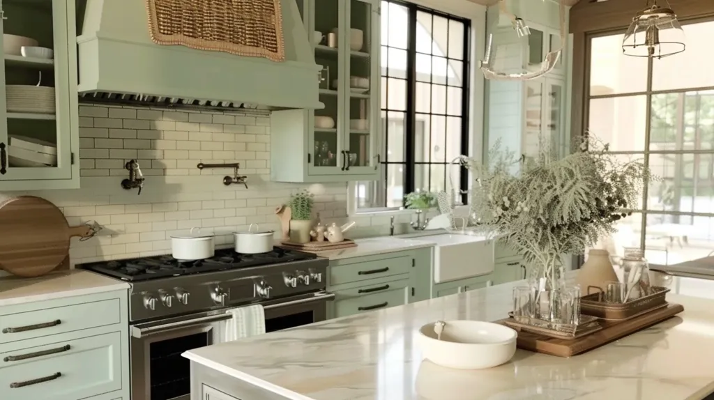 The image shows a modern kitchen with a farmhouse aesthetic. It features light green cabinets, white subway tile backsplash, and a large farmhouse sink.  The island countertop is made of marble, and a wooden tray with glasses, pitchers, and a bowl sits on the counter. A large window offers a view of the outdoors.  Natural light streams in, making the space feel bright and airy.