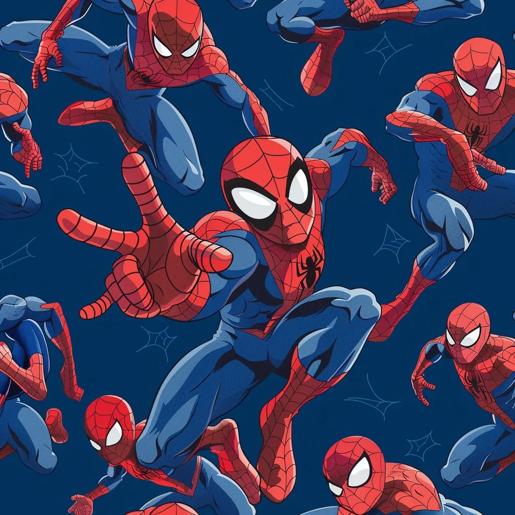 The image is a repeating pattern of Spiderman in various poses. The background is a dark blue with white spiderwebs. Spiderman is drawn in a cartoon style with red and blue colors. He is in various poses, like jumping, swinging, and kicking. His mask and eyes are clearly visible.