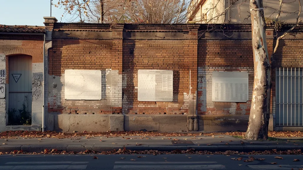 The image shows a brick wall with three white signs on it. The wall is part of a larger building, and there is a tree in the foreground. The ground is covered in fallen leaves, and there is a sidewalk in front of the wall. The wall has a weathered and worn appearance. The image is taken in a sunny day and the light casts shadows on the wall.