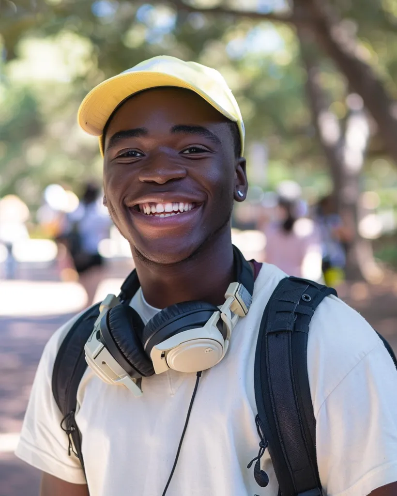 A young man, wearing a white t-shirt and yellow baseball cap, smiles brightly for the camera. He has a black backpack on and white headphones around his neck. The background is blurry, suggesting a park setting.  His expression is happy and carefree.  The photo captures the vibrancy of youth and the simple joy of life.