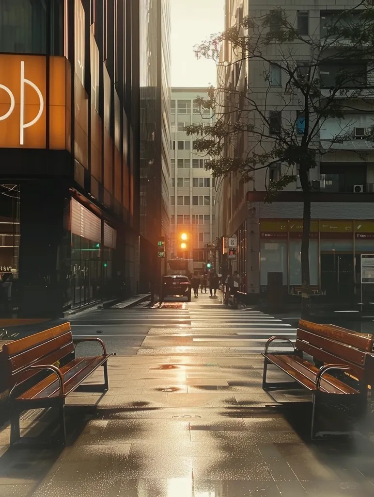 The image shows a narrow city street with tall buildings on either side. The sun is setting, casting a warm glow on the wet pavement. A large tree stands in the middle of the street, its branches reaching towards the sky. Two benches sit on opposite sides of the street, facing each other. A few people walk on the sidewalk in the distance. The scene is peaceful and serene, with a sense of quiet contemplation.