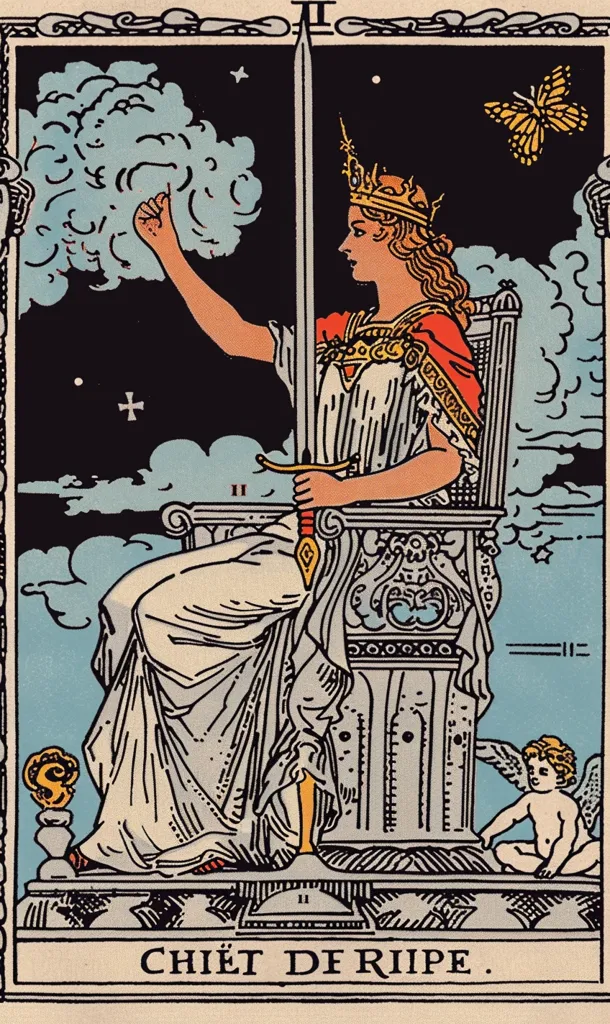 The image depicts the "Chief of Riipes" card from a tarot deck. A crowned woman sits on a throne, holding a sword.  She gestures with her right hand towards a blue cloud in the sky above, while a small winged figure kneels at the foot of the throne. A butterfly floats in the upper right corner. The image is surrounded by a black border with ornate detail.  The words "Chief of Riipes" are printed at the bottom.
