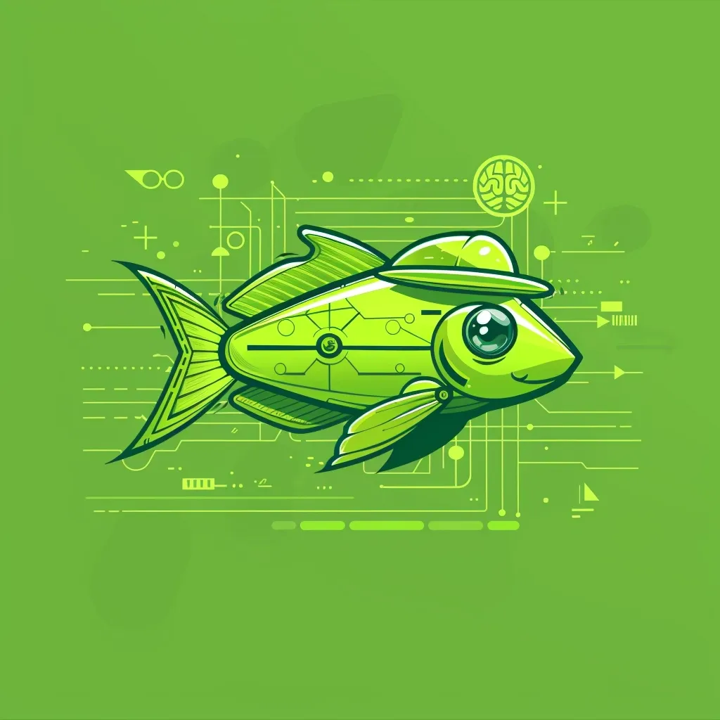 The image shows a cartoon robot fish with a big eye and a cute smile. It is green and yellow, with a technological design on its body. It is set against a green background with abstract lines and shapes that evoke a futuristic or digital aesthetic. The fish is depicted with a brain icon above it, indicating its intelligence.