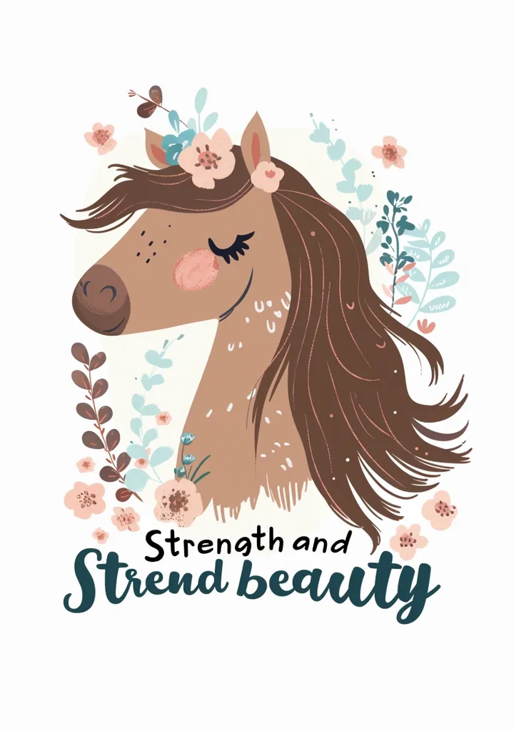 The image features a cartoon horse with brown hair and a floral crown. It has its eyes closed and is surrounded by pink flowers and green leaves. The caption reads "Strength and Strenght and beauty", suggesting that the horse embodies both physical power and elegance. The artwork is whimsical and charming, likely intended for a children's book or decorative print.