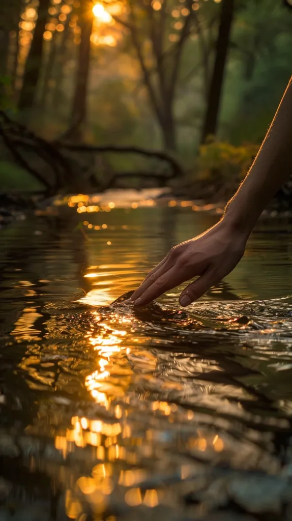 A hand reaches into a tranquil stream, its surface shimmering with the golden light of the setting sun. The background is a blurred forest, suggesting a peaceful and serene atmosphere. The image captures a moment of tranquility and connection with nature.