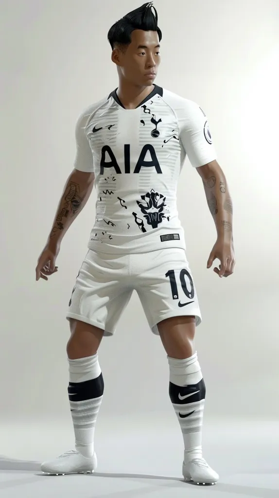 The image shows a young man in a white soccer uniform with black accents. He is wearing a white jersey with black writing and a black Nike swoosh, white shorts with a black "10" on the right leg, white socks with black bands, and white cleats. He has a serious expression on his face and is looking off to the side. His hair is styled in a short, spiked cut. The background is a plain white wall.  The man appears to be a professional soccer player.