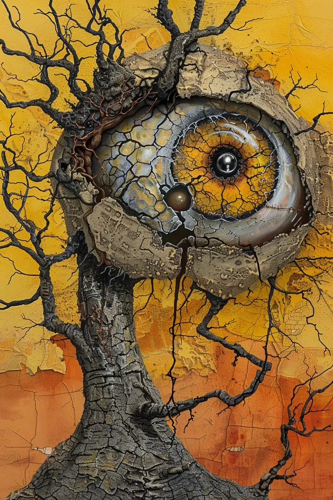 A skeletal tree with gnarled branches stands against a backdrop of cracked, yellow and orange paint.  The tree's trunk is cracked and weathered, and its branches are twisted and contorted. A large, cracked eye, with a swirling black pupil, sits perched on top of the tree. The eye is surrounded by a cracked and weathered shell, with veins of dark brown running through it. The image is a surreal and unsettling blend of nature and decay.