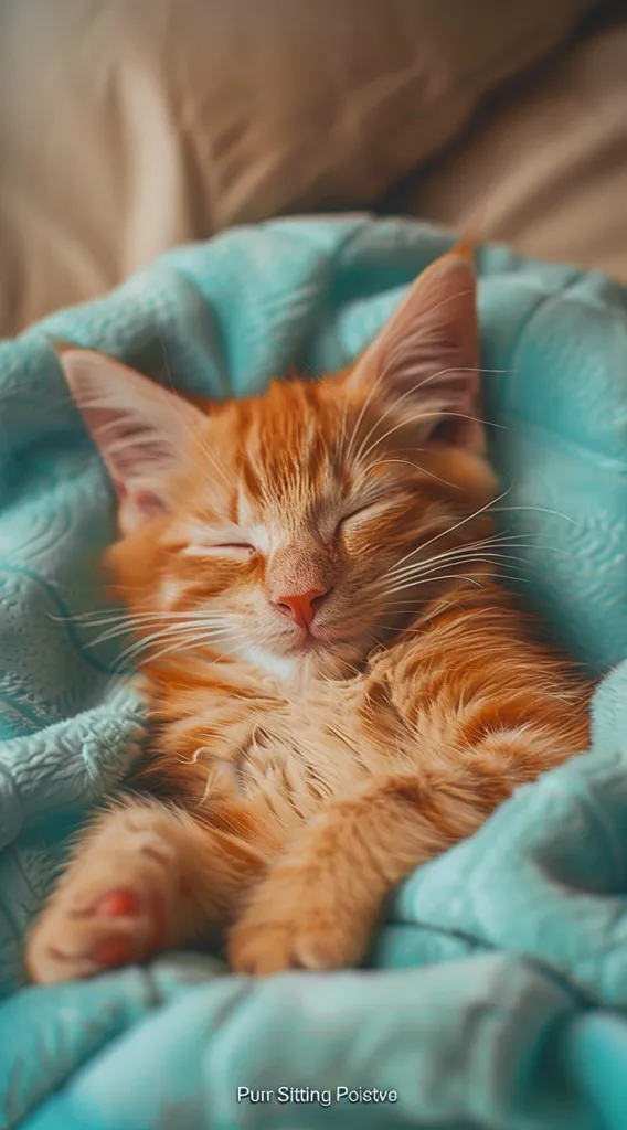 A ginger cat is curled up and asleep on a soft, blue blanket. Its eyes are closed, and its paws are tucked under its body. The cat's fur is soft and fluffy. It looks incredibly peaceful and content. The blanket is textured and creates a cozy and warm environment for the cat to rest.  The image captures a moment of pure tranquility and the joy of a cat's peaceful slumber.
