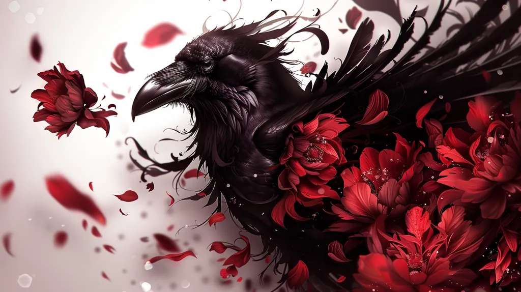 A black raven with sharp eyes and a powerful beak is surrounded by a cascade of red flowers and petals. The raven's feathers are intricately detailed and appear to blend with the petals, creating a visually striking contrast between the dark bird and the vibrant blooms. The background is a soft white, emphasizing the dramatic presence of the raven and the flowers. The image evokes a sense of mystery and beauty.