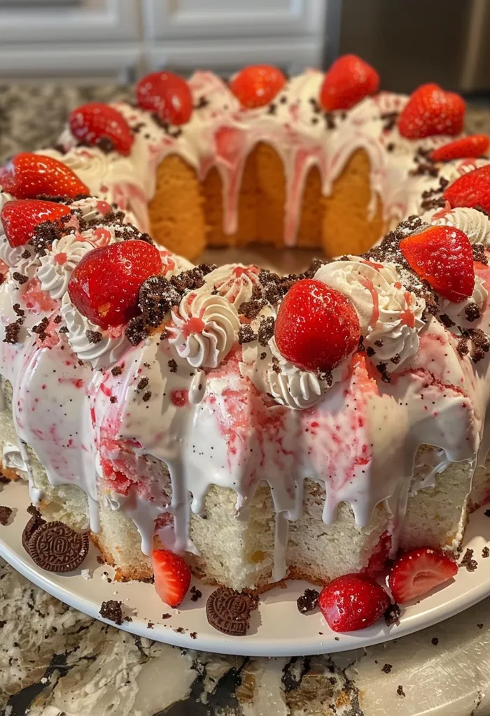 A ring-shaped cake is decorated with fresh strawberries, white frosting, and crumbled Oreo cookies. The cake is on a white plate and there are more strawberries and Oreo crumbs scattered around the plate. The cake appears to have a light and fluffy texture.  The cake is sitting on a counter with a mottled granite surface.  The image appears to be captured in natural lighting.