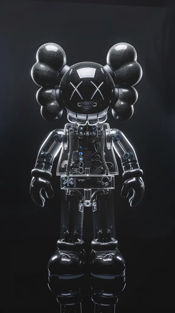 The image shows a black and clear plastic toy figure standing on a black surface. The figure has a large head with multiple rounded protrusions and a black "X" over the eyes. The body is transparent, revealing an intricate internal structure. The figure has stubby arms and legs, with the feet appearing as large, rounded blocks. The toy is lit from above, creating a dramatic silhouette against the dark background.