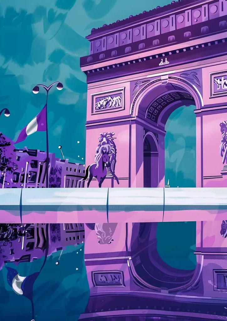 A stylized illustration of the Arc de Triomphe in Paris, rendered in a vibrant purple and teal color palette. A single horse stands on the bridge in front of the arch, and the reflection of the arch in the water below is also visible. The image is a modern interpretation of a classic landmark.