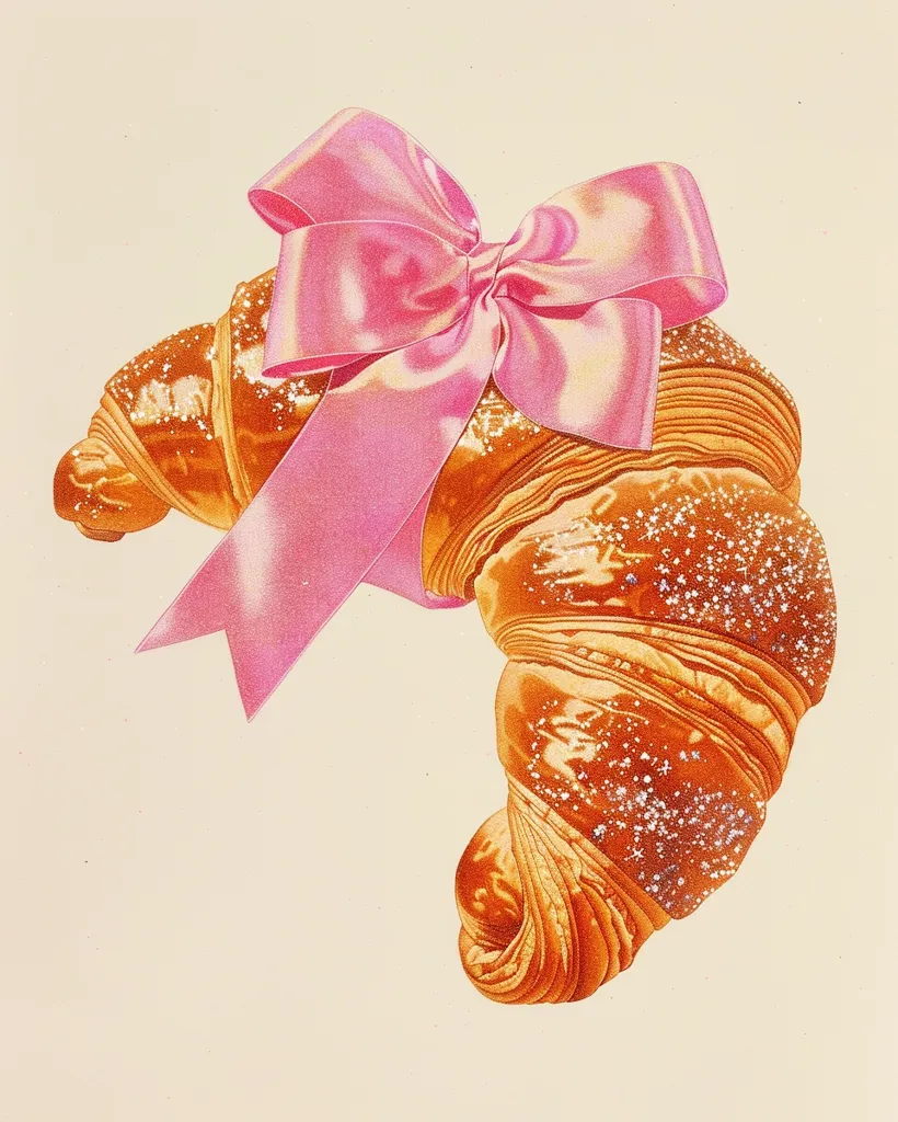 A large, golden brown croissant, with a delicate, flaky crust, is tied with a pink satin ribbon in a bow. The croissant is dusted with a fine layer of sugar crystals.  The background is a light beige, creating a simple and elegant composition.