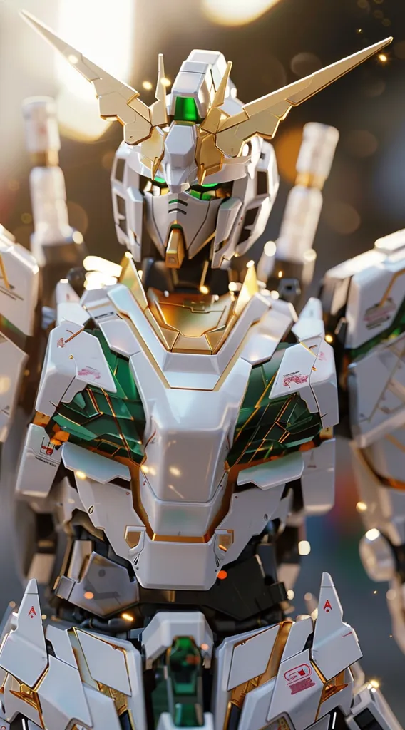 The image shows a close-up of a white and gold Gundam robot. Its head is facing forward, with a green visor and gold accents. The robot's chest is covered in intricate details, including green and gold panels. The background is blurred, creating a sense of depth and focus on the robot. The overall composition is dynamic and visually appealing, showcasing the intricate design of this iconic character.