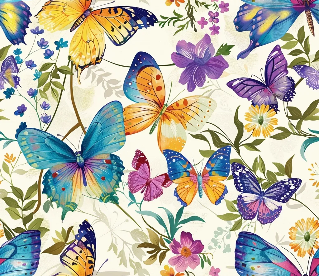 A vibrant pattern featuring colorful butterflies and flowers on a white background. The butterflies are depicted in various positions, showcasing their intricate wings and delicate details. The flowers are a mix of bright purple, yellow, and pink hues, adding depth and beauty to the design. The overall effect is one of whimsical charm and delicate beauty.