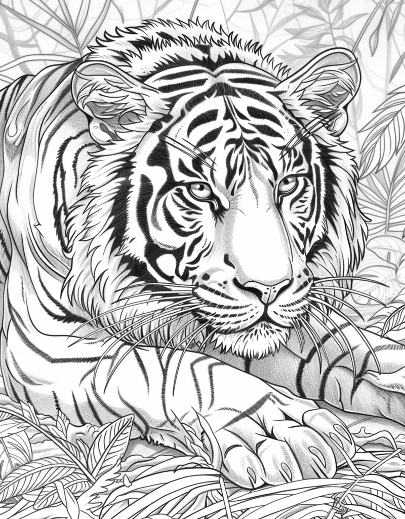 A detailed pencil drawing of a tiger lying in a jungle setting. The tiger's fur is rendered with meticulous detail, showing its stripes and texture. The tiger's eyes are wide open, giving it a watchful expression. The surrounding jungle foliage is also meticulously drawn, creating a sense of depth and realism. The image evokes a sense of power, grace, and wilderness.