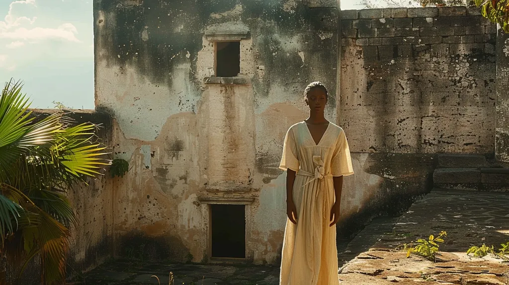 A woman in a long, cream dress stands against a weathered stone wall with a small window. The wall is broken and cracked, revealing the age and history of the structure. The light is soft and golden, creating a warm and peaceful atmosphere. A palm tree grows on the left side of the frame, adding a touch of tropical beauty. The woman's face is calm, her eyes are downcast, and her pose is relaxed, suggesting a moment of contemplation.  The scene is a study in contrasts, combining the timeless beauty of nature with the ruggedness of old architecture.  The image evokes a sense of tranquility and contemplation.