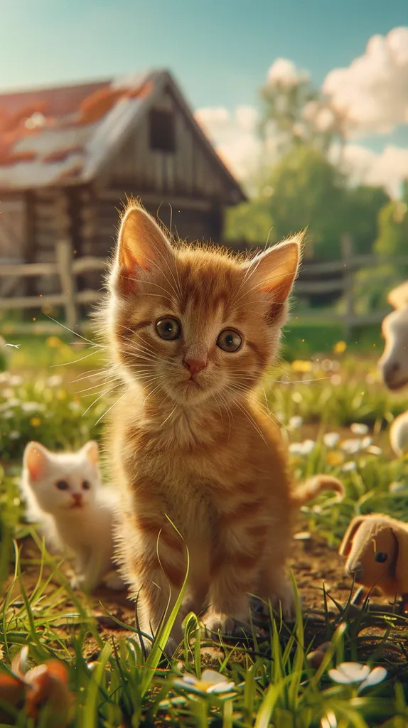 A cute orange tabby kitten stands in a field of green grass and wildflowers, gazing directly at the viewer. Its fur is soft and fluffy, and its eyes are large and expressive. A smaller white kitten is visible in the background, adding to the scene's adorable charm. The image exudes a sense of warmth and cuteness, perfect for a pet-lover's heart.