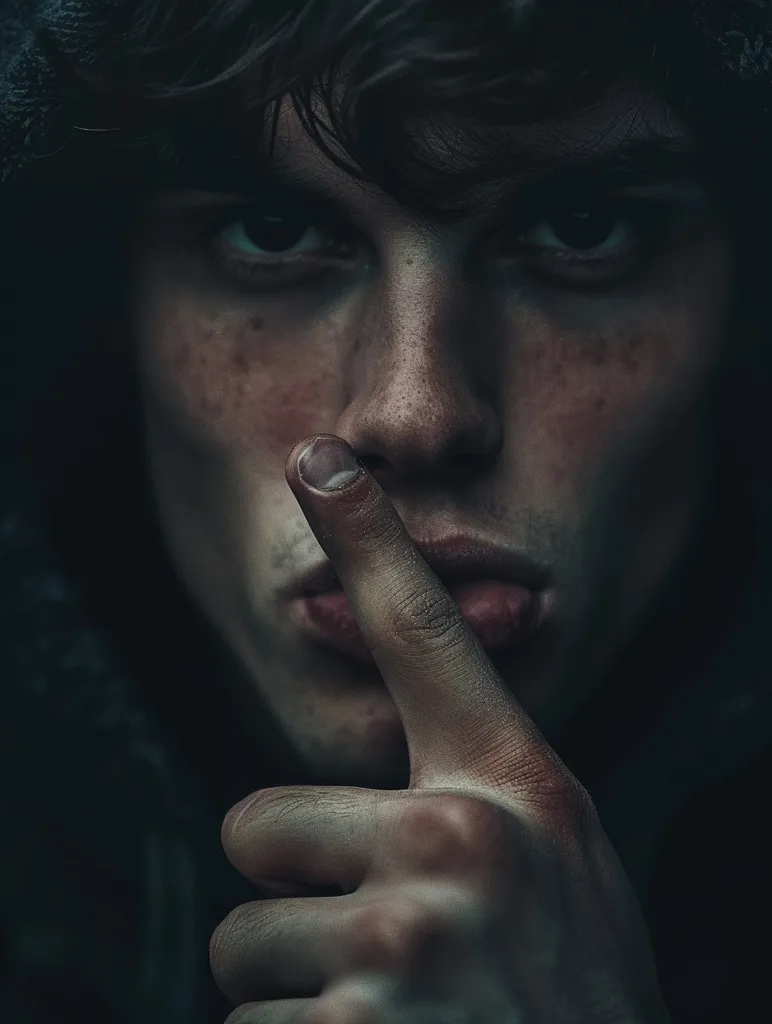 A young man with dark hair and a serious expression holds his finger to his lips in a gesture of silence. His face is illuminated by a soft light, highlighting his intense gaze and freckled skin. The background is dark and out of focus, drawing attention to the man's mysterious presence. His lips are slightly parted, as if about to speak, yet his finger conveys a sense of secrecy and caution.