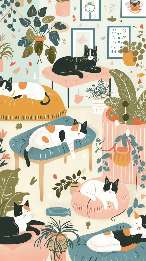 A vibrant illustration of a cat-filled home.  Various felines are depicted lounging on beds and cushions, surrounded by lush potted plants and whimsical decorations. The warm, pastel tones and playful details create a cheerful and inviting atmosphere.