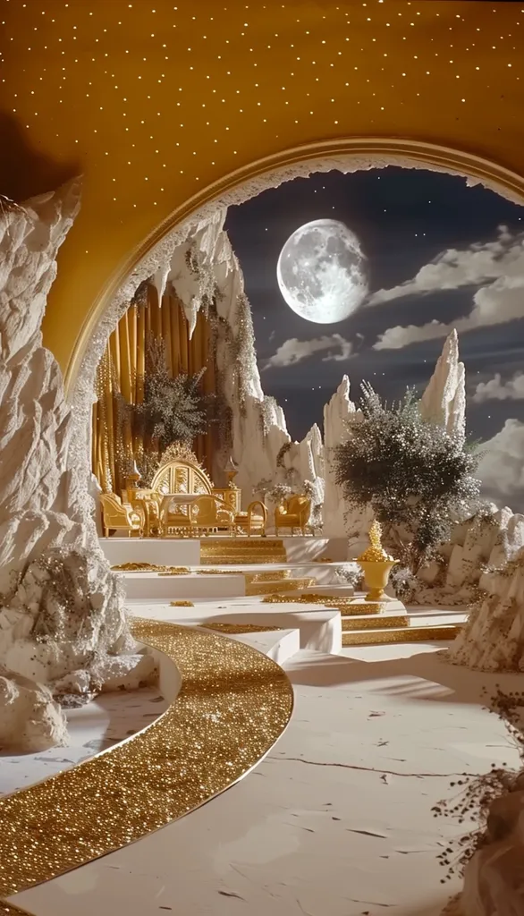 A fantastical scene with a golden throne set within a white cave. The cave opens to a view of a night sky with a full moon and stars. The path leading to the throne is made of gold, and the walls of the cave are adorned with sparkling crystals. The image evokes a sense of royalty, wonder, and magic.