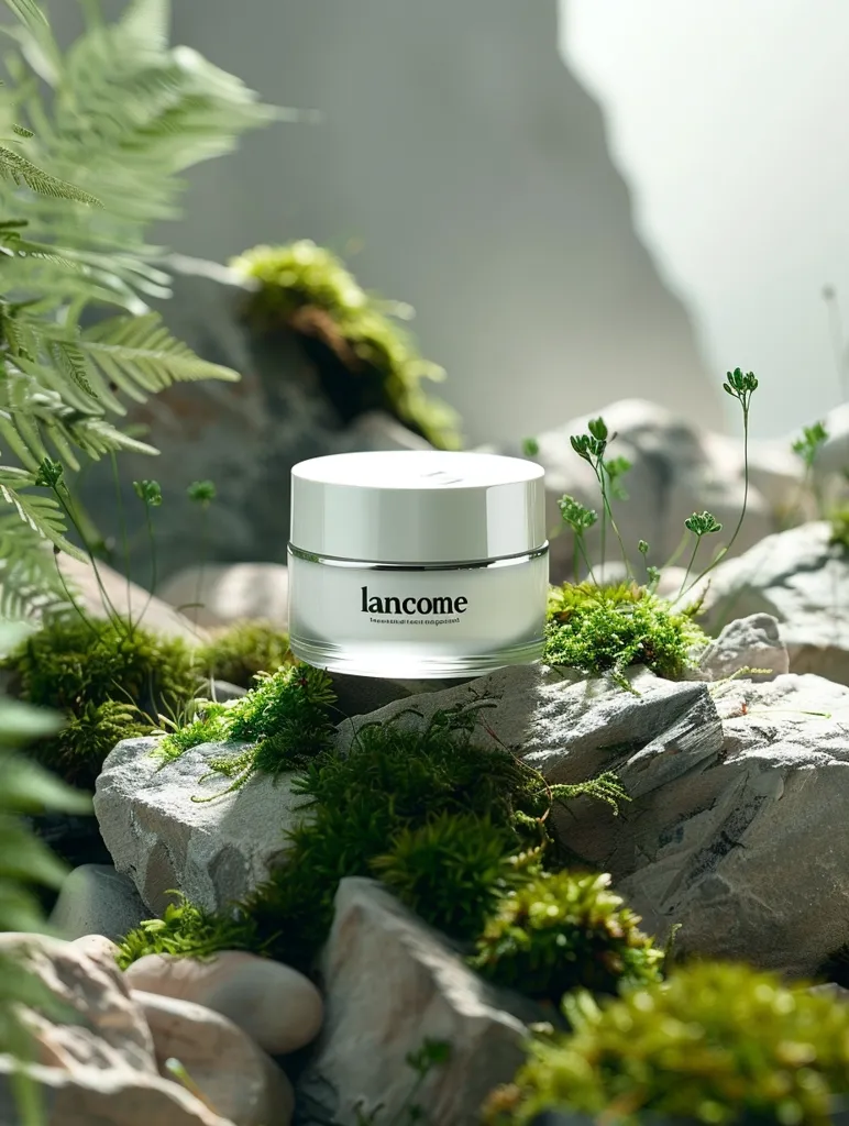 A jar of Lancome moisturizer rests on a bed of moss and rocks. The jar is made of glass and has a silver lid. The background is a soft blur of green foliage and a light grey rock face. The image evokes a sense of calm and natural beauty.