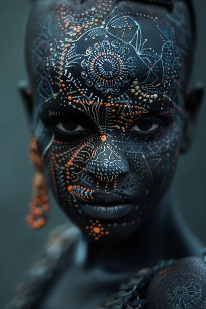 The image shows a close-up portrait of a person with dark skin and elaborate white and orange body paint. The intricate patterns cover their entire face, creating a striking visual effect. Their eyes, which are partially obscured by the paint, hold a captivating gaze. The person's expression is neutral, leaving room for interpretation. The overall image is one of mystery and beauty.