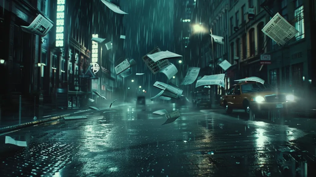A rainy night in the city. Papers are being blown through the air by a strong wind, creating a chaotic, yet beautiful scene. The street is empty and glistening under the streetlights. The headlights of a yellow taxi illuminate the wet asphalt. The dark buildings in the background create a sense of mystery.