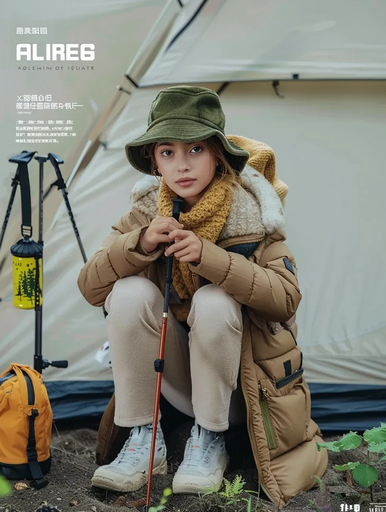 A young girl wearing a brown puffer jacket and a green bucket hat sits cross-legged in front of a white tent, holding a walking stick. She is looking directly at the camera.  A backpack and a water bottle are on the ground to the left.  The background is out of focus, with green foliage and trees. The image has a warm, earthy feel and evokes a sense of adventure.  The girl's outfit and the setting suggest she is preparing for a camping trip.