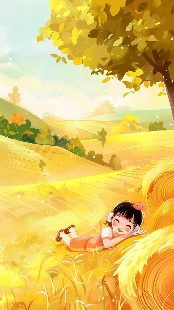 A young girl with black hair and a red bow lies on a bale of hay in a field of golden wheat. The sun shines brightly, casting a warm glow on the scene. The girl is smiling happily, suggesting a peaceful and carefree moment. In the distance, a green hill and a golden tree add to the tranquil beauty of the landscape. The image evokes a sense of warmth, joy, and the simple pleasures of nature.
