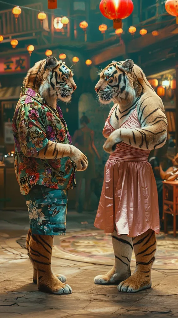 Two tigers, dressed in human clothing, stand facing each other. The male tiger wears a floral shirt and blue shorts, while the female tiger wears a pink dress. They are both in a dimly lit setting with many red lanterns hanging overhead. They appear to be in a conversation, but their expressions are not visible. The setting suggests an Asian-inspired atmosphere.