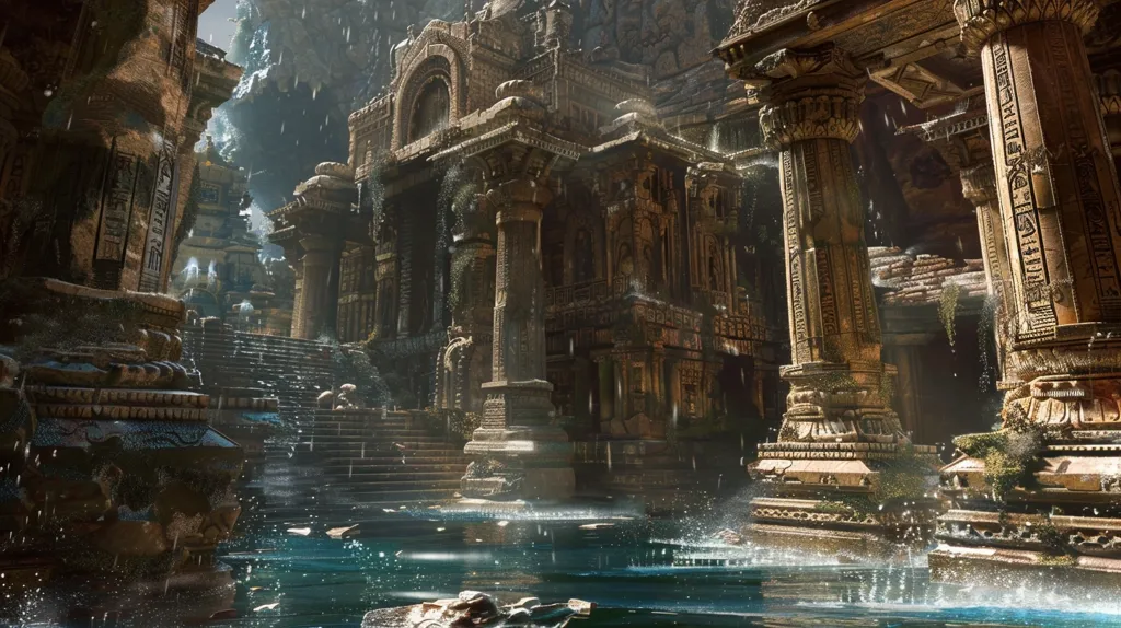 The image shows a grand, ancient temple complex, possibly inspired by Mayan or Aztec architecture. The temple is partially submerged in water, with intricate carvings and columns visible. A pool of water reflects the light from above, creating a sense of mystery and wonder. Lush vegetation grows on the walls, adding to the feeling of age and decay. The scene is bathed in a soft, ethereal light, hinting at a mystical or magical atmosphere.
