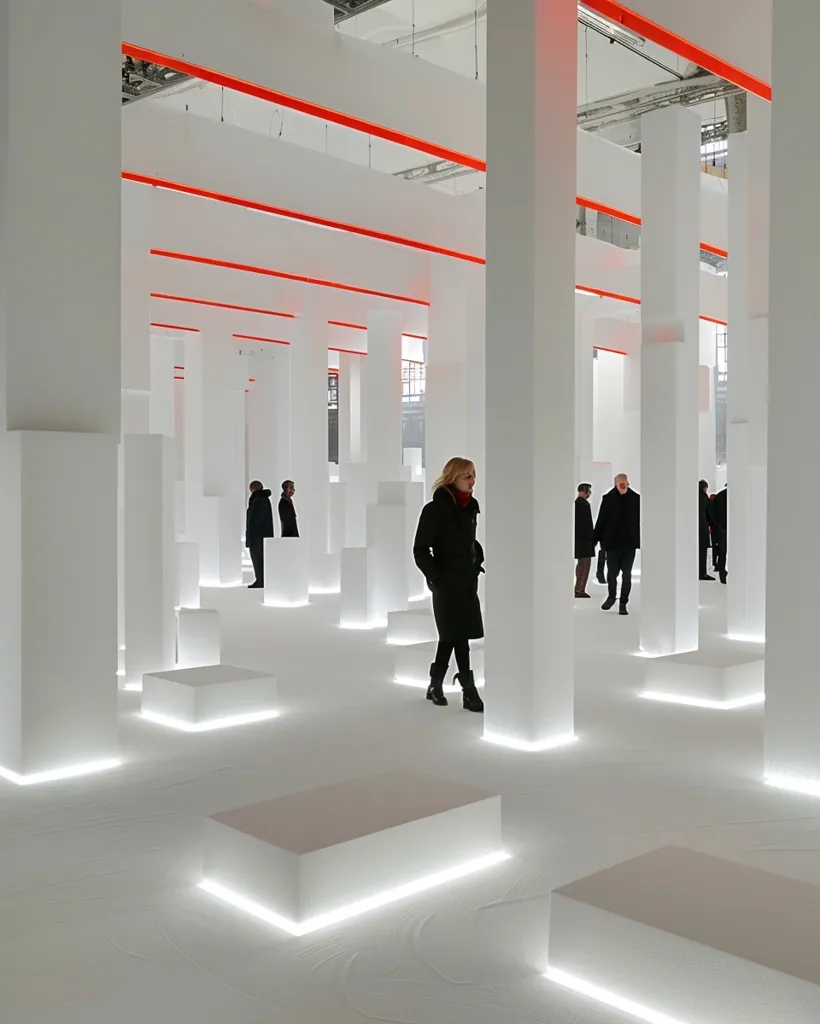 A minimalist white space with tall, slender columns and a few figures walking through it. The floor is illuminated with bright white lights and there are a few square white platforms throughout the room. The ceiling has horizontal red strips, adding a pop of color to the otherwise stark white environment. The scene is both simple and intriguing, highlighting the interplay of light and form.