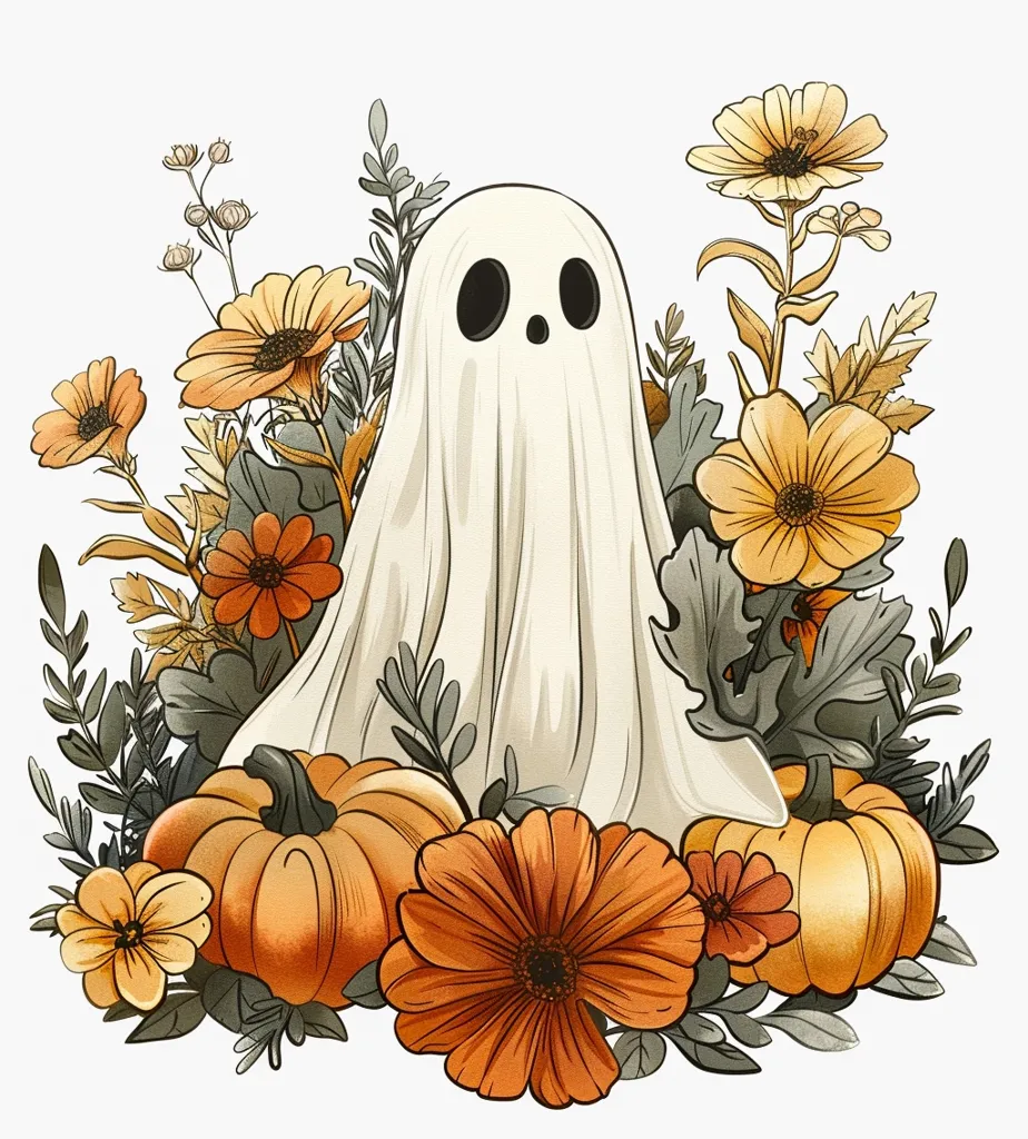 A friendly ghost, with big, round eyes, sits among a bed of orange and yellow flowers, pumpkins, and green leaves. The ghost's white, flowing form is the center of this festive, autumnal image. The scene evokes a whimsical and inviting atmosphere.