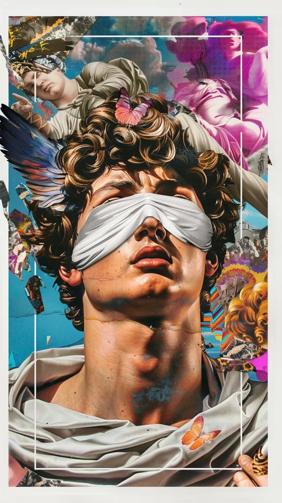 A man with curly brown hair and a white cloth covering his eyes is the central figure in the image. The background is a vibrant collage of fragmented images, including a woman in pink, a butterfly, and a blue sky. The man's expression is serious, suggesting a sense of mystery and contemplation. The image is a blend of classic and contemporary art styles, creating a visually striking and thought-provoking composition.