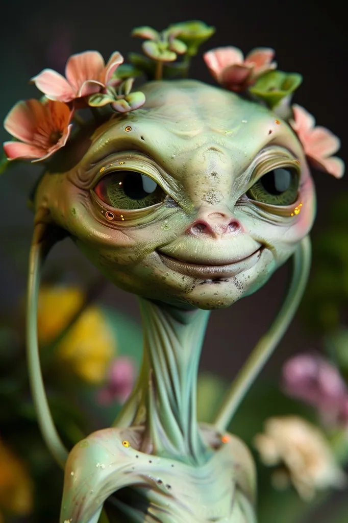 A whimsical, alien-like creature with large, green eyes and a delicate smile. It wears a crown of pink flowers and has a long, slender neck. The creature's skin is a smooth, pale green, and its features are reminiscent of a human, but with an otherworldly twist. The background is blurred and filled with soft, pastel colors, suggesting a dreamy, ethereal setting.