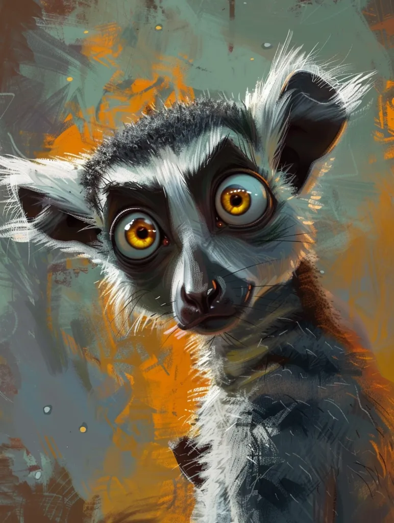 The image depicts a lemur with large, expressive eyes, a wide, black nose, and a fluffy, gray and white coat. Its head is turned to the side, looking directly at the viewer with a curious and slightly mischievous expression. The background is a blurry, abstract wash of orange and green, suggestive of a forest setting. The lemur's fur is depicted with loose brushstrokes, giving it a soft and whimsical appearance. The overall impression is one of playfulness and gentle curiosity.