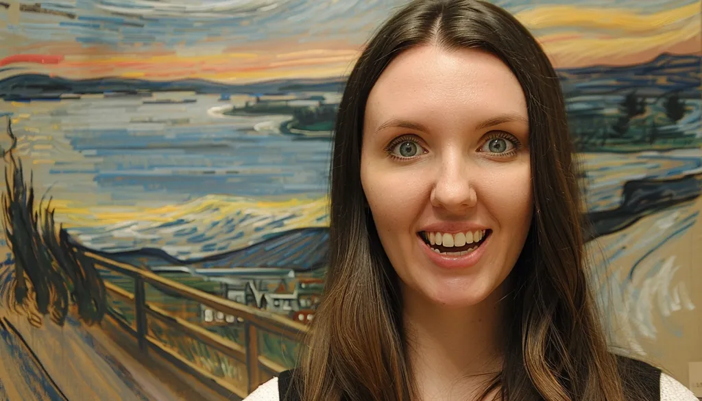 A young woman with long brown hair is standing in front of a painting. She is looking at the camera with a surprised expression on her face. The painting is a landscape with a body of water and a town in the distance. The painting is styled in the manner of Vincent Van Gogh. The colors of the painting are muted and swirling.  The woman is wearing a white and black striped shirt.