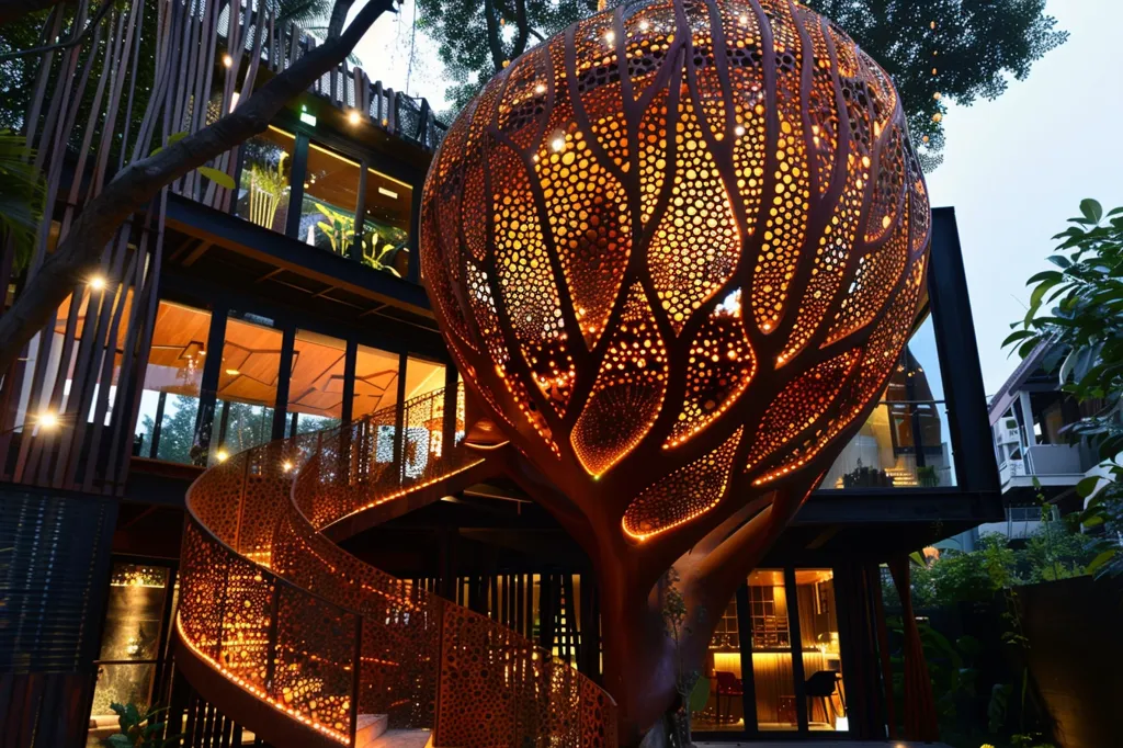 A modern, intricately designed building with a large, spherical structure resembling a tree. The structure is made of metal and has a latticework design that allows light to shine through. The building also features a spiral staircase that winds its way up to the upper floors. The building is surrounded by lush greenery and lit with warm, inviting lights. The overall effect is one of organic beauty and architectural sophistication.