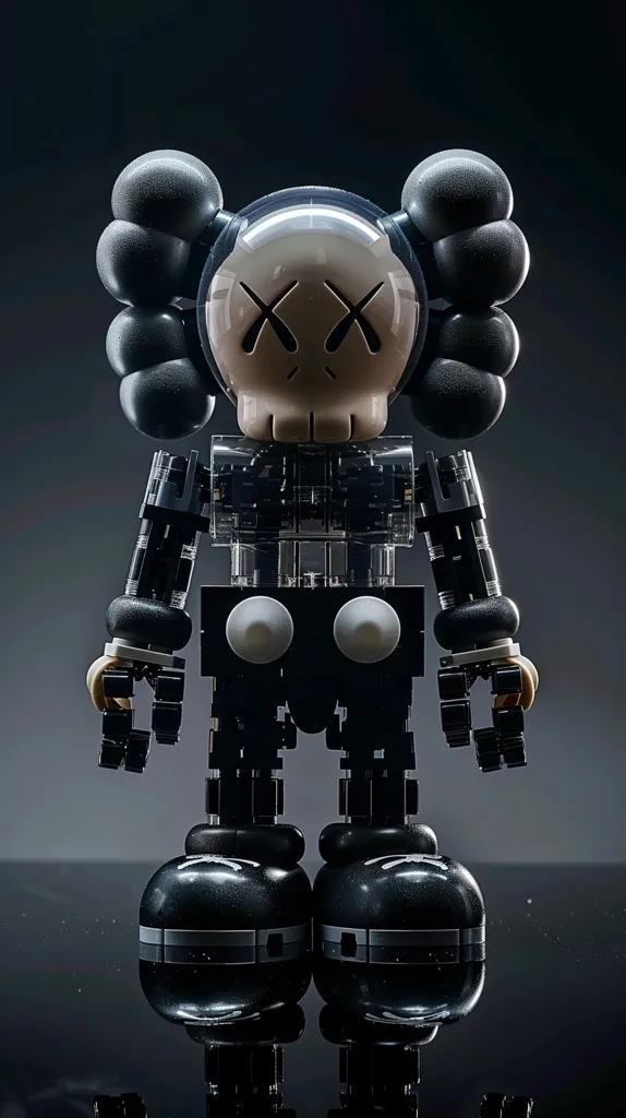 A black and white robotic figure stands on a glossy black surface, its reflective body reflecting the light. The figure is built with lego-style blocks and features a distinct skull-shaped head with X eyes. It has large feet and rounded limbs, making it appear somewhat cartoonish and playful despite its dark color scheme.