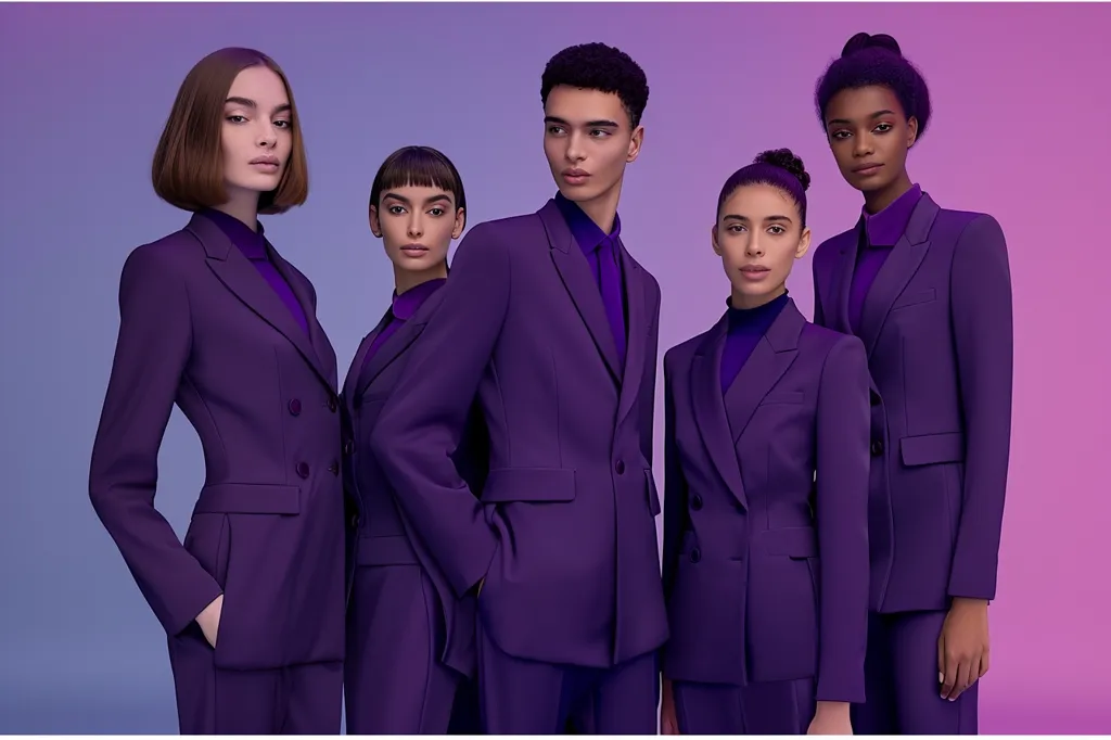 Five people, two women and three men, are standing in a line. They are all wearing purple suits. They are standing in front of a pink and purple background. They are looking at the camera.  They are all wearing serious expressions.