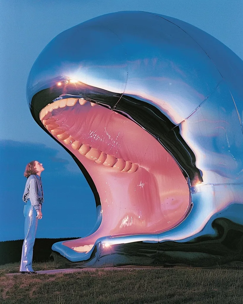 A large, silver, abstract sculpture resembling a gaping mouth is positioned in a grassy field. The sculpture is highly reflective, capturing the blue sky and a hint of sunset. A lone person stands at the base of the sculpture, gazing up at its imposing size. The sculpture's interior is a bright pink, adding a surreal and slightly unsettling element to the scene.