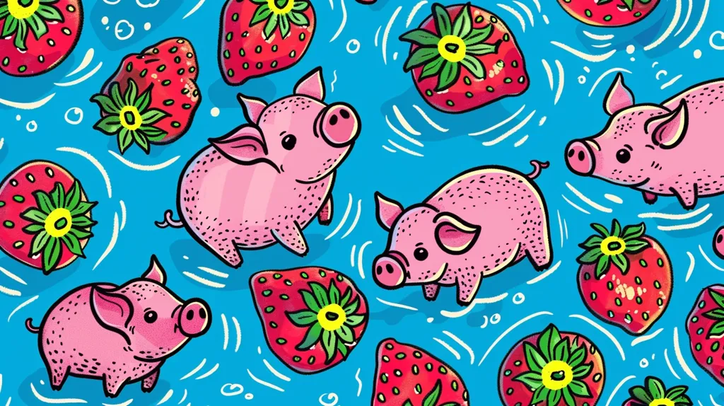 The image is a cartoon pattern of pink pigs and red strawberries on a bright blue background. The pigs are drawn with large eyes and small snouts, and the strawberries have green leaves and yellow centers. The pattern is playful and whimsical.