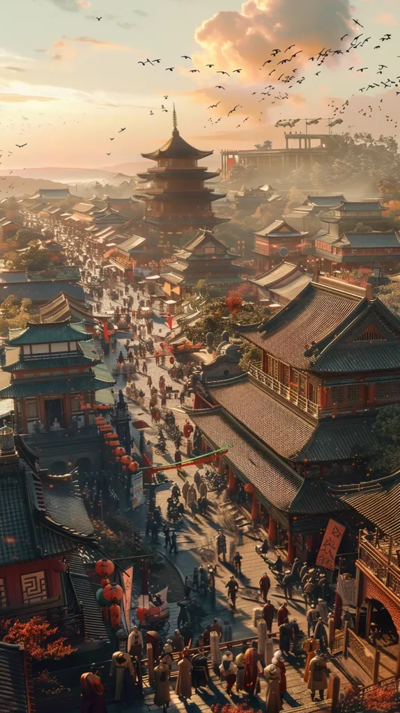 The image depicts a bustling, ancient Chinese city. The scene is filled with intricate, traditional architecture, including towering pagodas and ornate rooftops. A large crowd of people traverse the narrow streets, their movements creating a lively energy. The sky is a soft, pastel pink, with a flock of birds flying overhead. The overall effect is one of peacefulness and tranquility, amidst the vibrant activity of daily life.