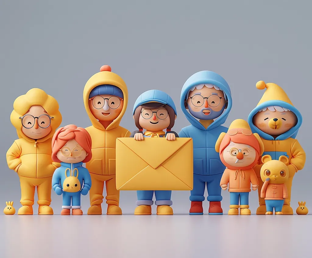 A group of eight 3D cartoon characters, all wearing winter clothes. They are standing in a row, with a large envelope in the center. The characters are all smiling and happy, and the image has a warm and friendly feel.