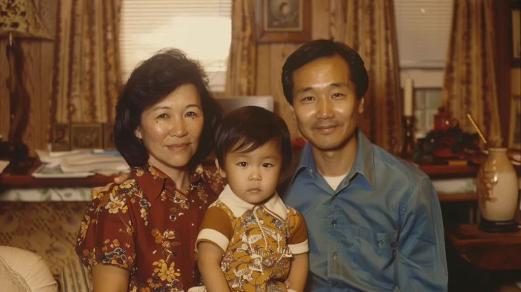 A family portrait of three people. A woman wearing a floral shirt is sitting with a young boy in her lap. A man with a blue shirt is sitting next to them, with his arm around the woman's shoulder. The woman and man are looking at the camera, while the boy is looking straight ahead. They are in a living room with brown curtains and wooden furniture.